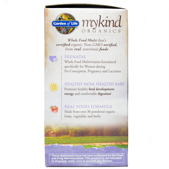 Garden of Life mykind Organics Prenatal Multi 90 tablets box side panel, second view