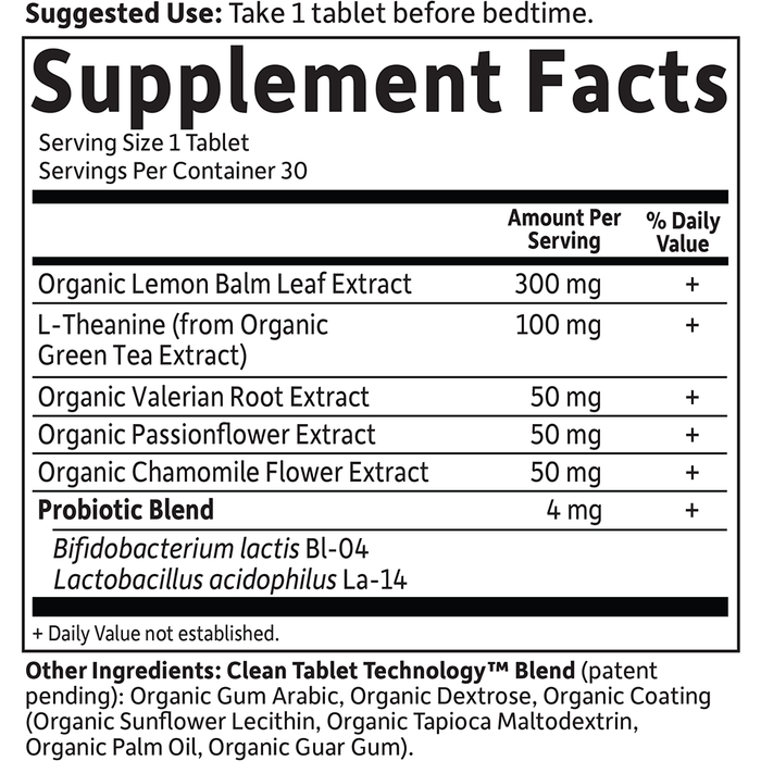 Garden of Life mykind Organics Sleep Well Rest & Refresh 30 tablets supplement facts label