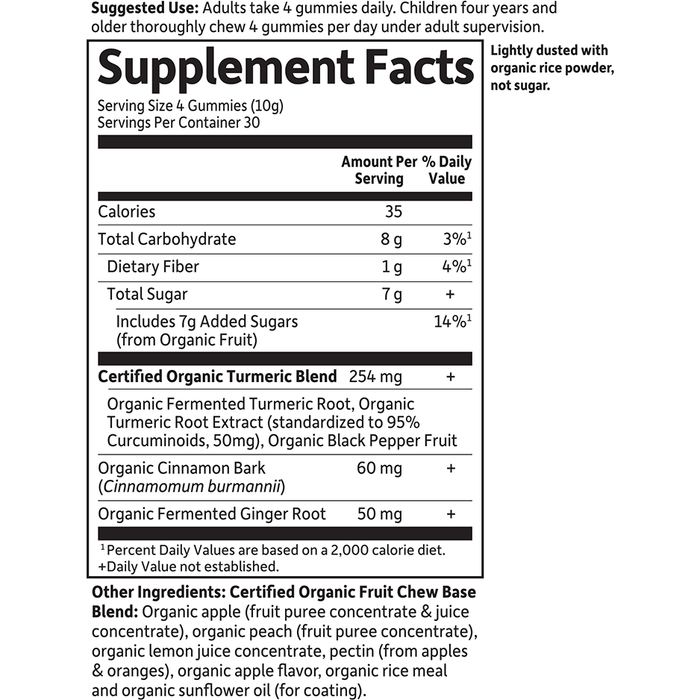Garden of Life mykind Organics Turmeric Gummies 120 gummies supplement facts label