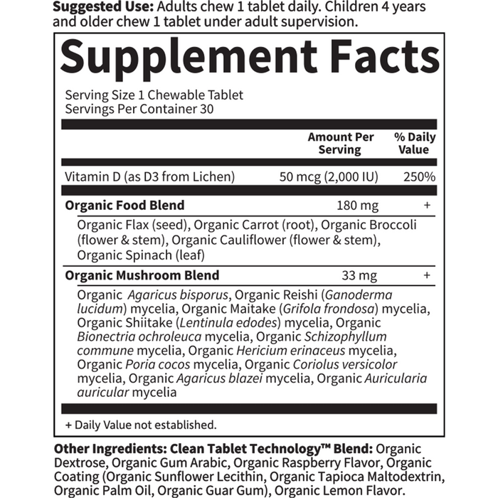 Garden of Life mykind Organics Vegan D3 2,000 IU 30 tablets supplement facts label
