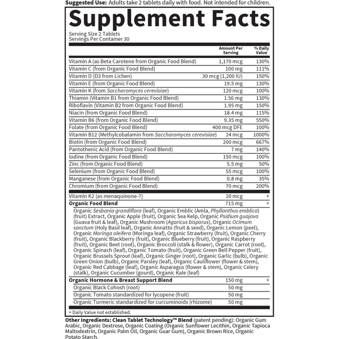 Garden of Life mykind Organics Women's Multi 40+ 60 tablets supplement facts label