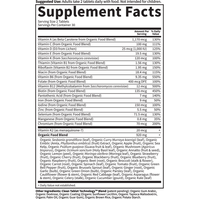 Garden of Life mykind Organics Women's Multi 60 tablets supplement facts label
