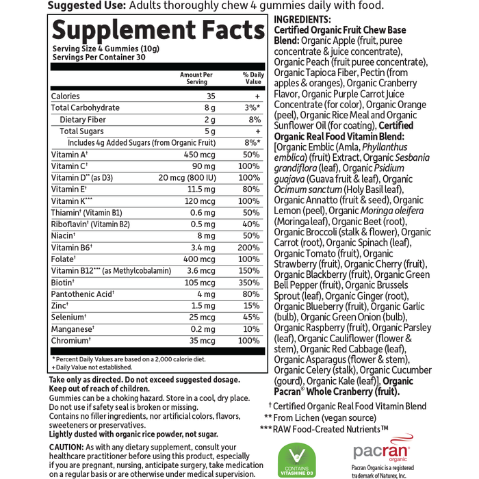 Garden of Life mykind Organics Women's Multi Berry Gummies 120 gummies supplement facts label