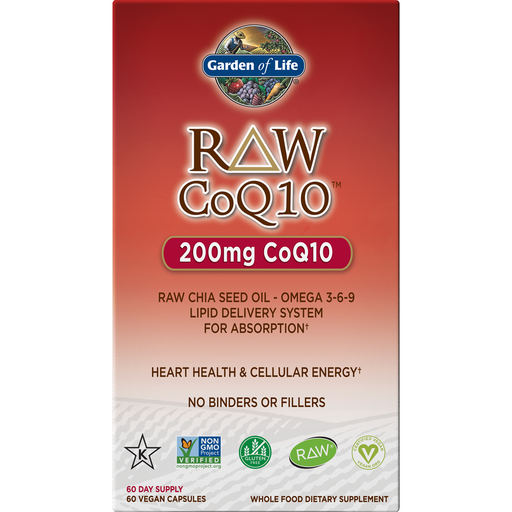 Garden of Life RAW CoQ10 200 mg, 60 veg capsules, front of box