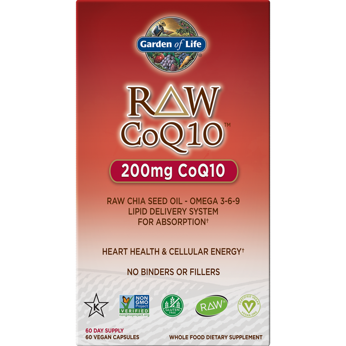 Garden of Life RAW CoQ10 200 mg, 60 veg capsules, front of box