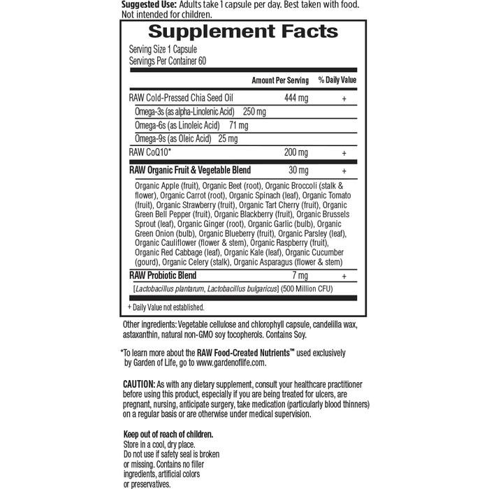 Garden of Life RAW CoQ10 200 mg 60 veg capsules supplement facts label