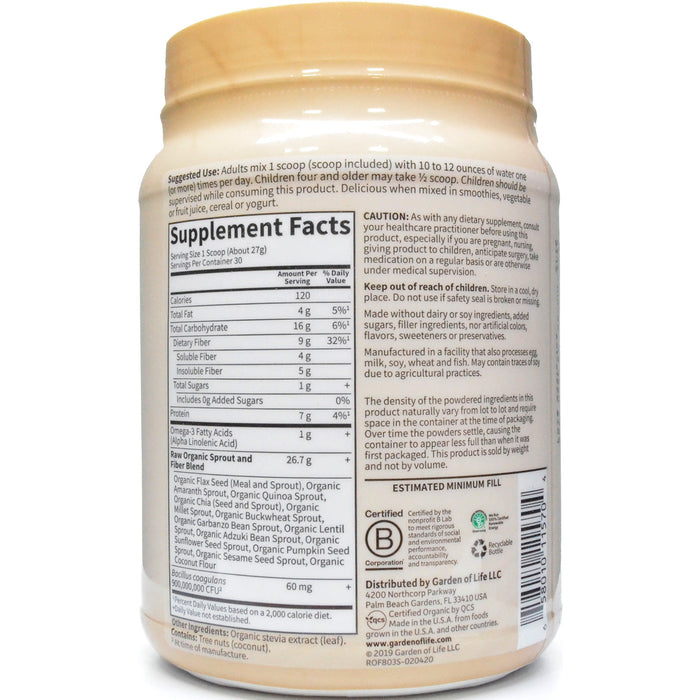 Garden of Life RAW Organic Fiber 803 g supplement facts label