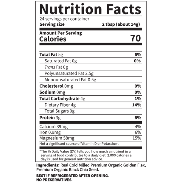 Garden of Life Raw Organic Flax Meal and Chia Seeds 12 oz nutrition facts label