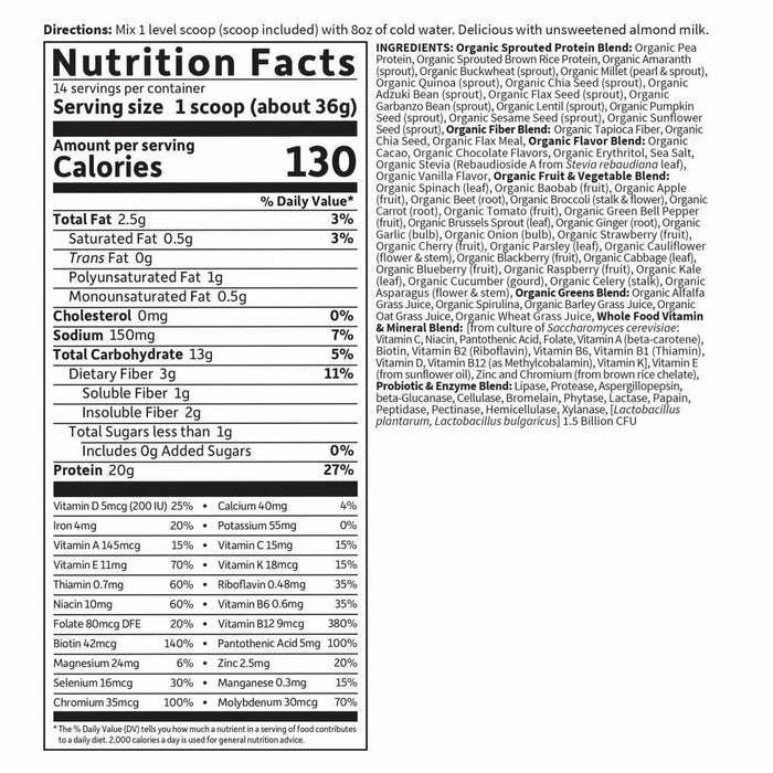 Garden of Life RAW Organic Meal Chocolate 14 servings nutrition facts label