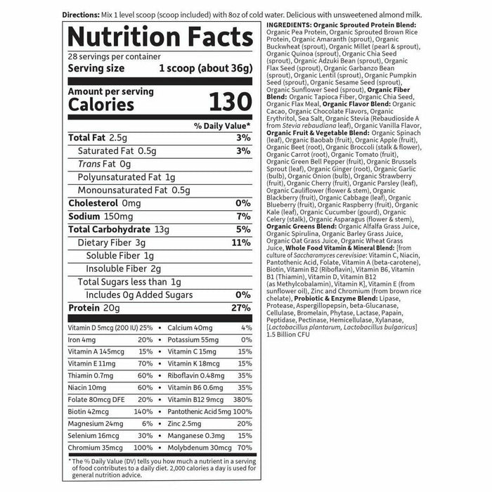 Garden of Life RAW Organic Meal Chocolate 28 servings nutrition facts label