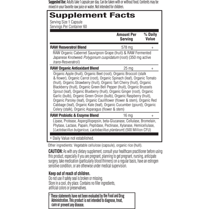Garden of Life RAW Resveratrol 60 veg capsules supplement facts label