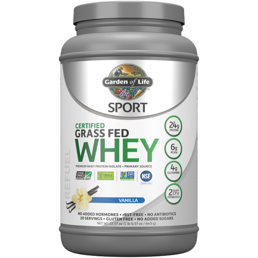 Garden of Life Sport Certified Grass Fed Whey Protein, Vanilla, 20 servings, front of tub