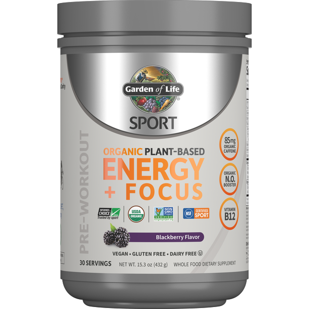 Garden of Life Sport Organic Plant-Based Energy + Focus, Blackberry, 15.3 oz, front of tub
