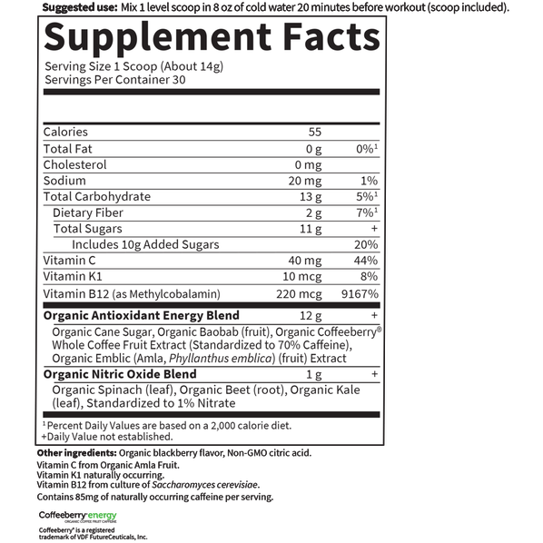 Garden of Life Sport Organic Plant-Based Energy + Focus, Blackberry 15.3 oz supplement facts label