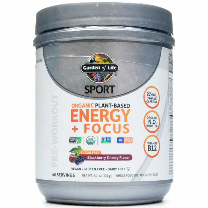Garden of Life Sport Organic Plant-Based Energy + Focus Sugar Free, Blackberry Cherry, 8.1 oz, front of tub