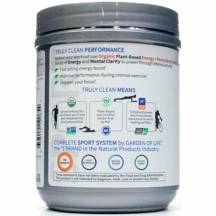 Garden of Life Sport Organic Plant-Based Energy + Focus Sugar Free, Blackberry Cherry 8.1 oz side label