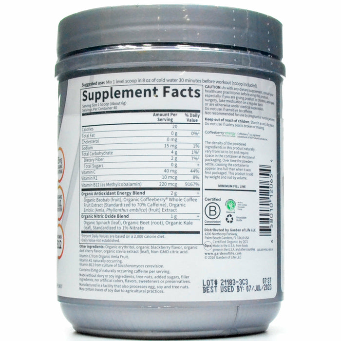 Garden of Life Sport Organic Plant-Based Energy + Focus Sugar Free, Blackberry Cherry 8.1 oz supplement facts label