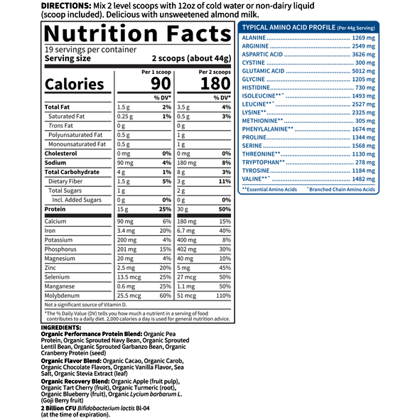 Garden of Life Sport Organic Plant-Based Protein, Chocolate 29.6 oz nutrition facts label