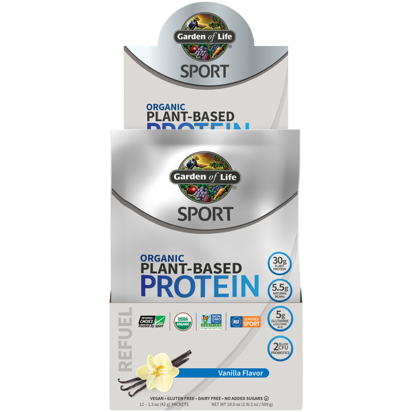 Garden of Life Sport Organic Plant-Based Protein, Vanilla, 12 packets, front of box