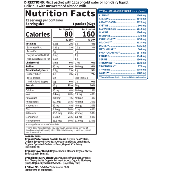 Garden of Life Sport Organic Plant-Based Protein, Vanilla 12 packets nutrition facts label
