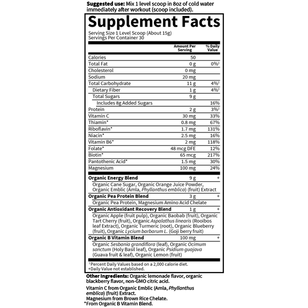 Garden of Life Sport Organic Plant-Based Recovery, Blackberry Lemonade 15.7 oz supplement facts label