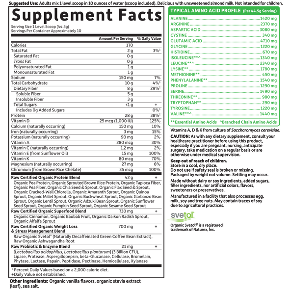 Garden of Life Sport RAW Organic Fit Protein, Original 15.69 oz supplement facts label