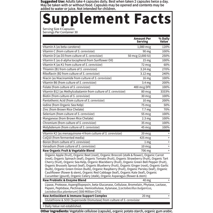 Garden of Life Vitamin Code 50 & Wiser Women 120 veg capsules supplement facts label