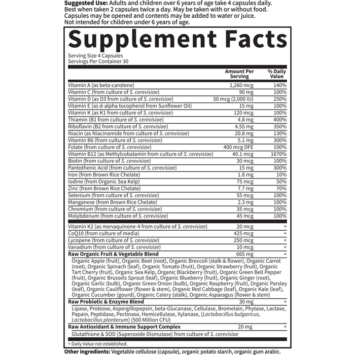 Garden of Life Vitamin Code Family Multi 120 veg capsules supplement facts label