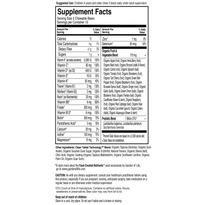 Garden of Life Vitamin Code Kids Chewable Multi 30 chewable tablets supplement facts label