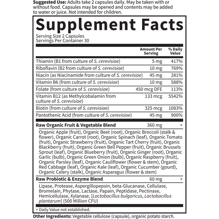 Garden of Life Vitamin Code RAW B-Complex 60 veg capsules supplement facts label