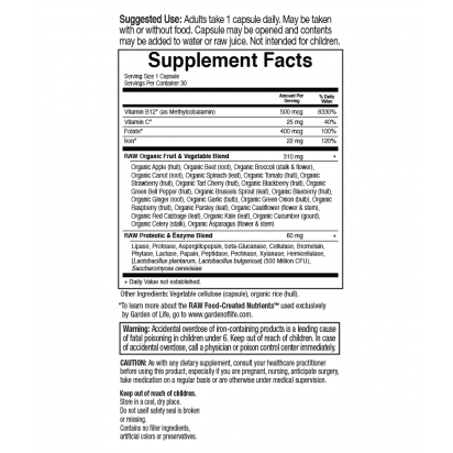 Garden of Life Vitamin Code RAW Iron 30 veg capsules supplement facts label