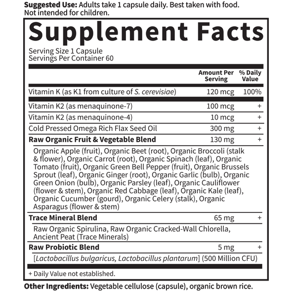 Garden of Life Vitamin Code RAW K-Complex 60 veg capsules supplement facts label