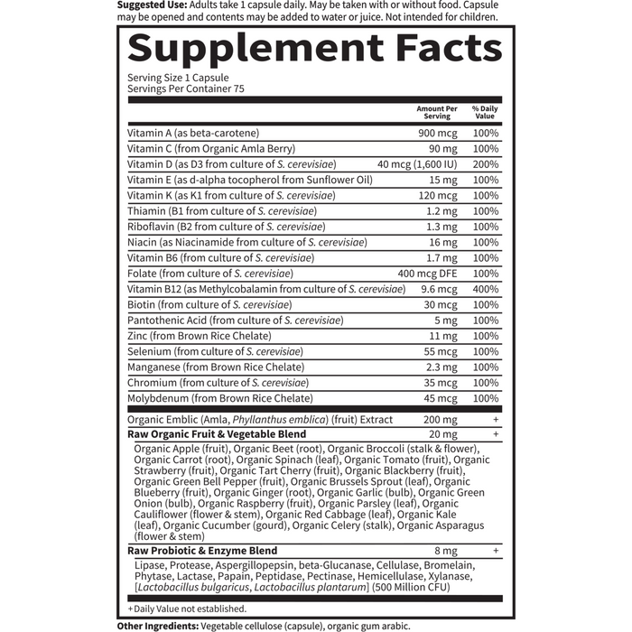 Garden of Life Vitamin Code RAW One for Men 75 veg capsules supplement facts label