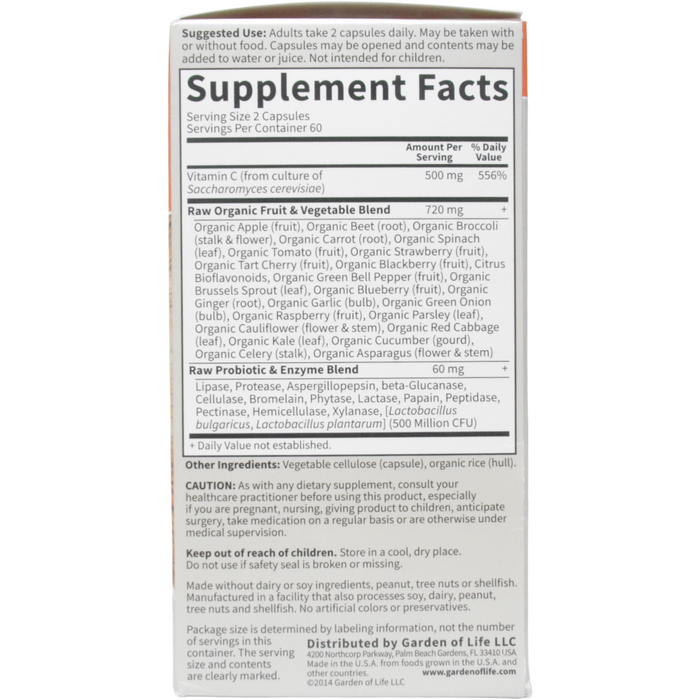 Garden of Life Vitamin Code RAW Vitamin C 120 veg capsules supplement facts label