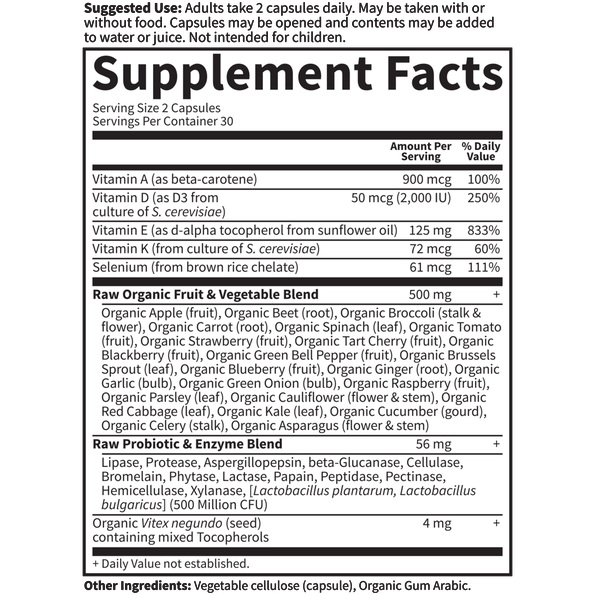 Garden of Life Vitamin Code RAW Vitamin E 60 veg capsules supplement facts label