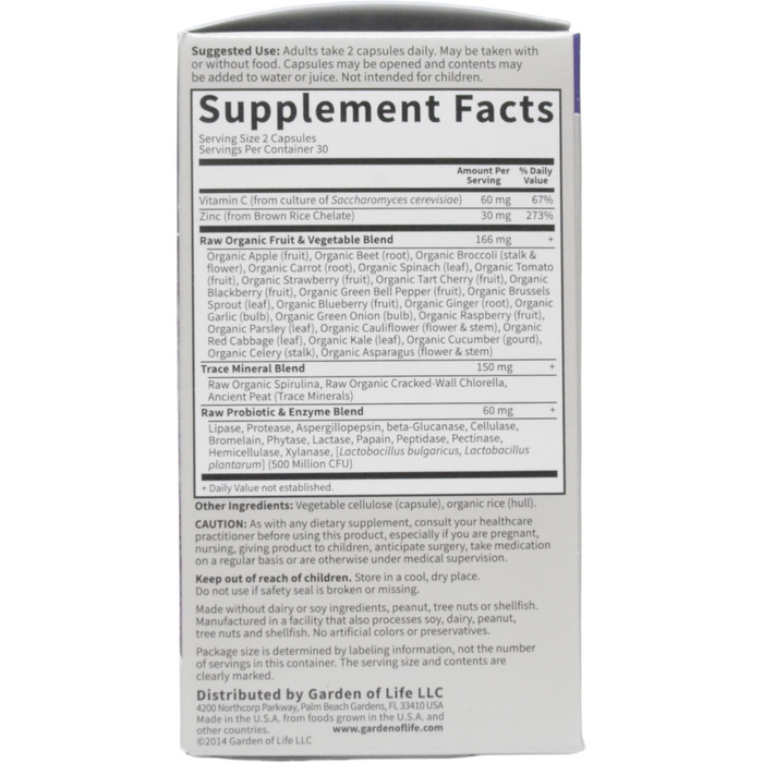 Garden of Life Vitamin Code RAW Zinc 60 veg capsules supplement facts label