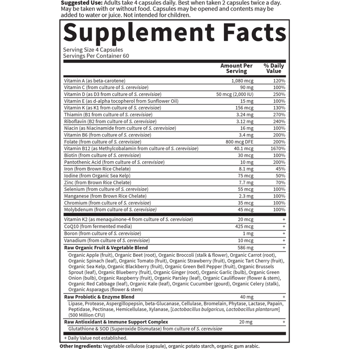 Garden of Life Vitamin Code Women's Multivitamin supplement facts label