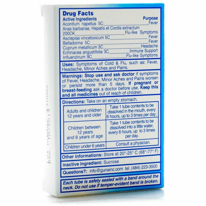 Guna Flu 6 tubes drug facts label