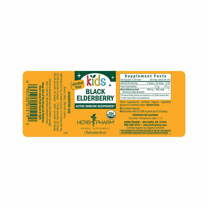 Herb Pharm Kids Black Elderberry Alcohol-Free 1 fl oz supplement facts label