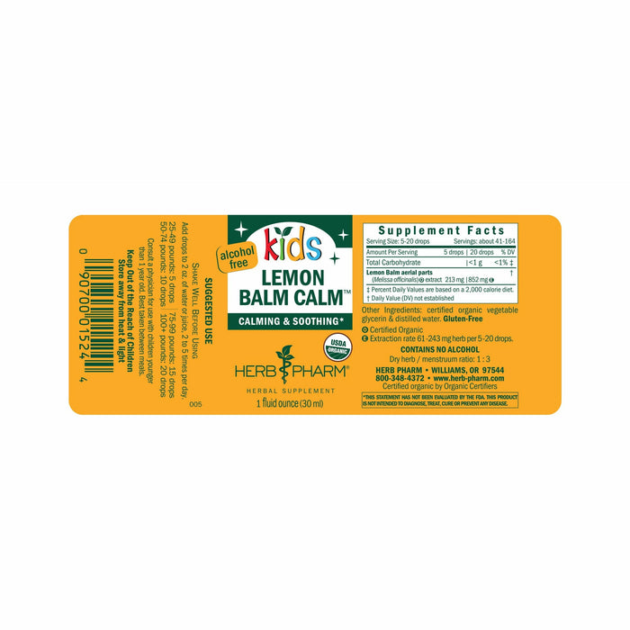 Herb Pharm Kids Lemon Balm Calm 1 fl oz supplement facts label