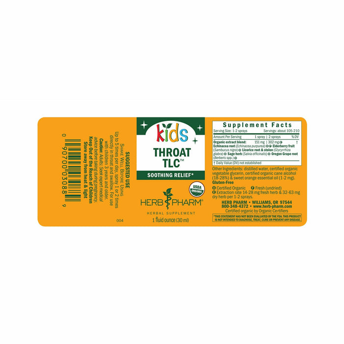 Herb Pharm Kids Throat TLC 1 fl oz supplement facts label