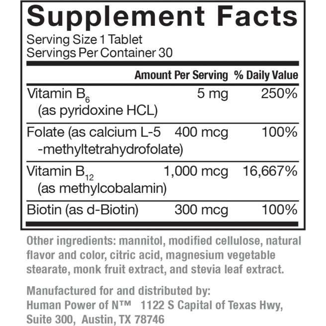 HumanN Active B-Complex 30 tablets supplement facts label, second view