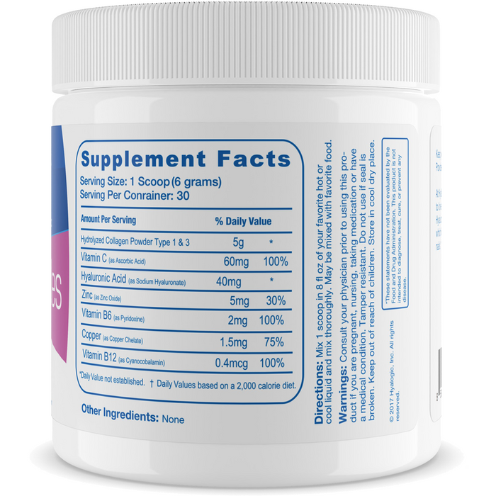 Hyalogic Collagen Peptides Powder Unflavored 6.4 oz supplement facts label