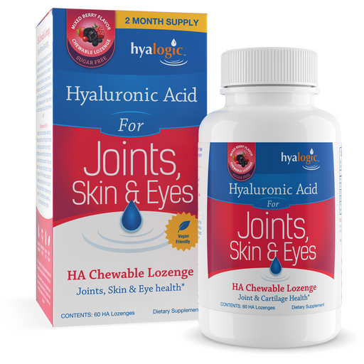 Hyalogic HA Chewable, 60 lozenges, front of box and bottle