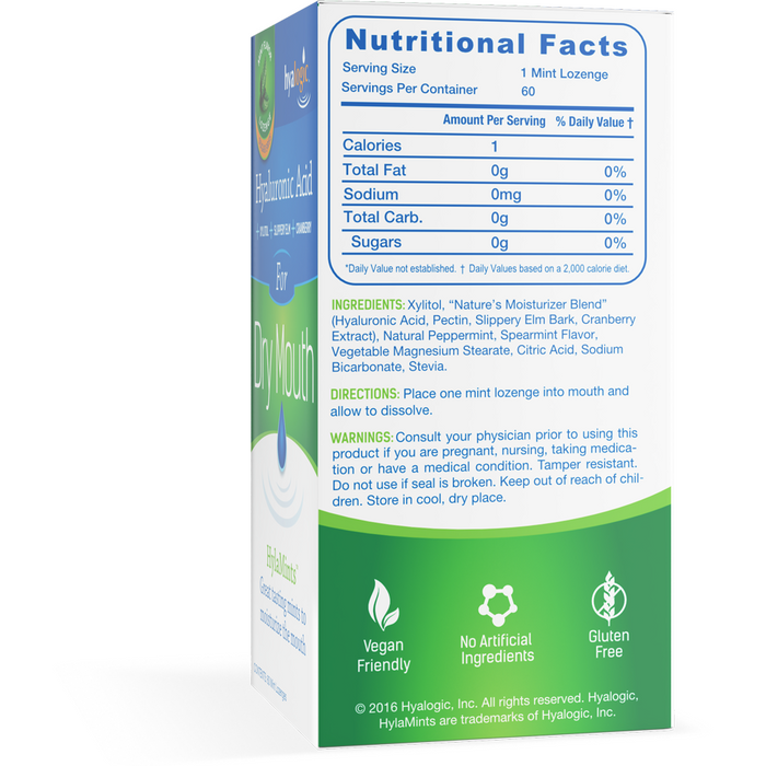 Hyalogic HylaMints Dry Mouth Lozenges 60 lozenges nutrition facts label