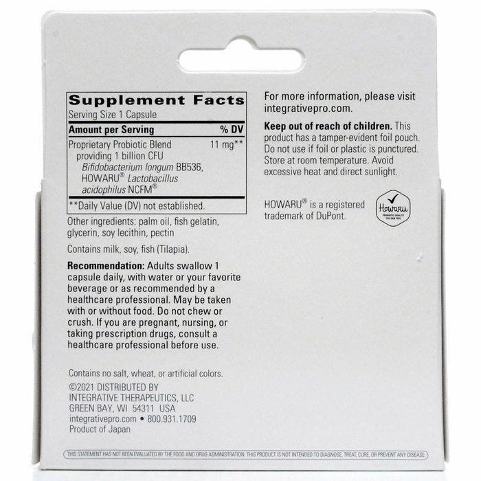 Integrative Therapeutics Probiotic Pearls 30 capsules supplement facts label