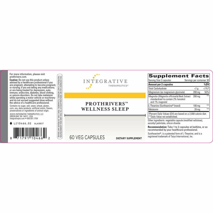 Integrative Therapeutics ProThrivers Wellness Sleep 60 vegetarian capsules full label