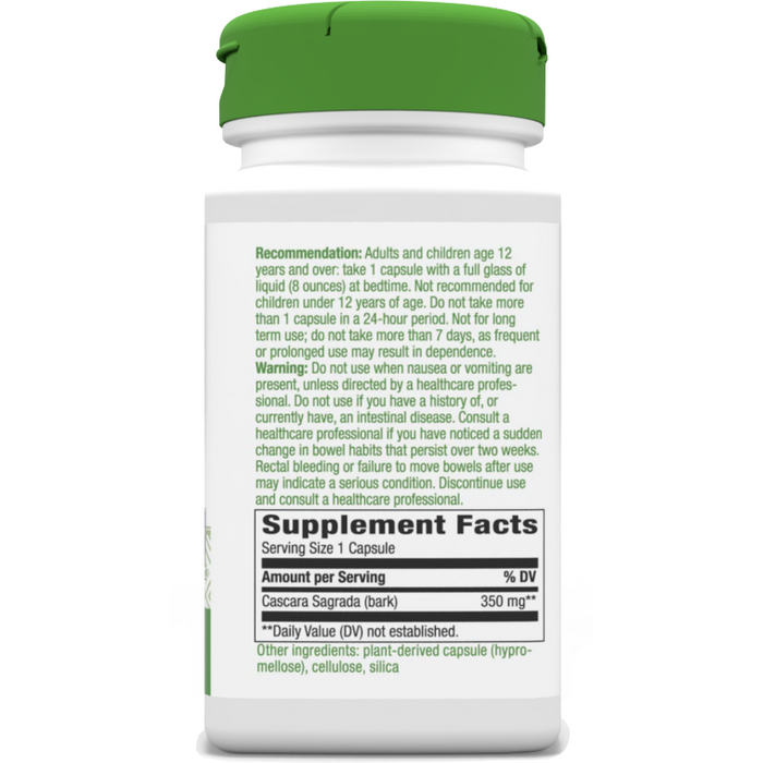 Cascara Sagrada 425 mg 100 vcaps by Nature's Way Supplement Facts Label