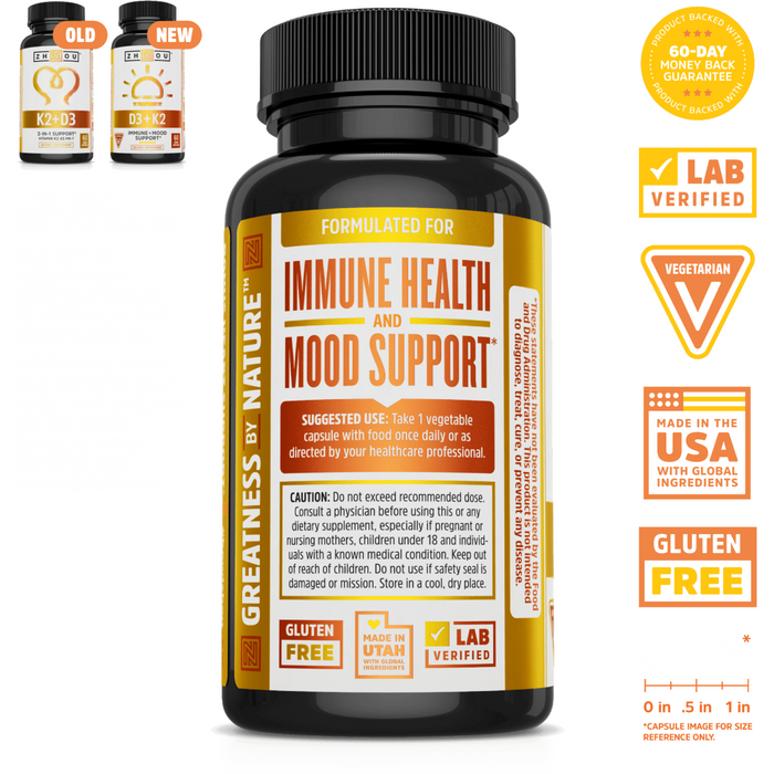 Immune Health and Mood Support, ZHOU Nutrition, K2 + D3 60 Vegcaps