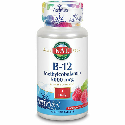 KAL B-12 Methylcobalamin 5000 mcg ActivMelt, Raspberry, 90 micro tablets, front of bottle